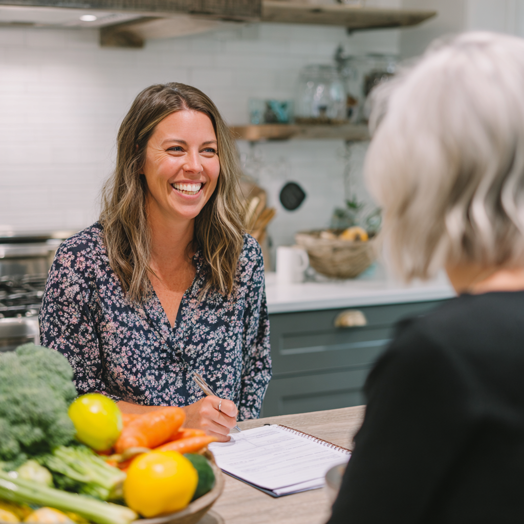 Smiling healthy European woman in her 30s holding fresh vegetables and fruits, looking energetic and vibrant in a modern kitchen setting