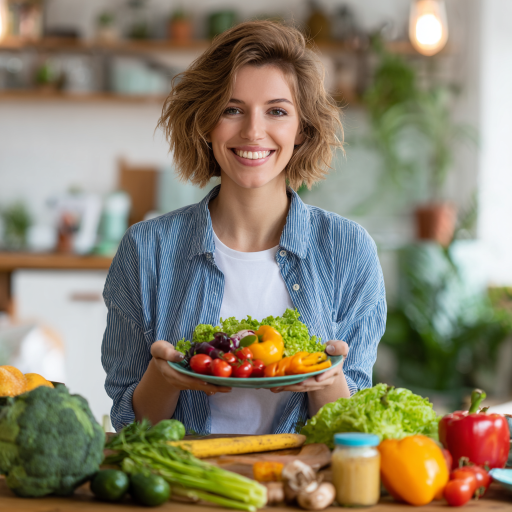 Happy European couple in their 40s preparing healthy meal together in bright kitchen, both smiling and looking satisfied with their nutritious food choices